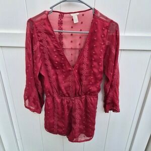 Forever 21 Burgundy Embroidered Clip Dot Romper Medium Boho Red Romantic sheer